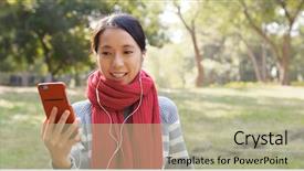  Presentation with audience - PPT theme featuring asia audience - woman talking on cellphone background and a  colored foreground