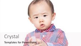  Presentation with baby toy - Beautiful presentation design featuring asia baby boy holding toy block isolated on white backdrop and a sky blue colored foreground