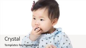  Presentation with baby toy - PPT layouts having asia baby girl put wooden toy block into mouth background and a light gray colored foreground