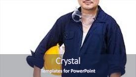  Presentation with work secretary asia - Amazing PPT theme having asia construction worker portrait backdrop and a navy blue colored foreground