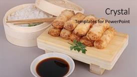  Presentation with soy sauce - Beautiful presentation theme featuring asia food spring roll backdrop and a coral colored foreground
