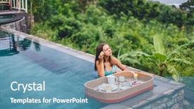  Presentation with luxury resort - Colorful PPT theme enhanced with asia hotel - girl relaxing and eating backdrop and a teal colored foreground
