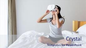  Presentation with virtual reality - Presentation design enhanced with asia hotel - woman looking though virtual reality background and a sky blue colored foreground