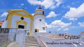  Presentation with lighthouse - PPT theme with asia macao - guia lighthouse fortress and chapel background and a light blue colored foreground