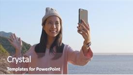  Presentation with woman in sea - Cool new presentation theme with asia pacific - woman taking selfie on cellphone backdrop and a gray colored foreground