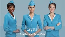  Presentation with team - PPT theme consisting of asian-african-and-european-stewardess background and a teal colored foreground