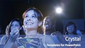  Presentation with movie or theatre curtain - Presentation theme featuring asian american audience - smiling young women sitting background and a ocean colored foreground