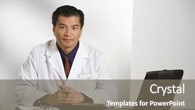  Presentation with asian doctor - Slide set featuring asian american male doctor sitting at desk with charts and laptop computer looking at viewer background and a gray colored foreground