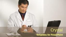  Presentation with asian doctor - PPT layouts consisting of asian american male doctor sitting at desk with charts and laptop computer using pda background and a violet colored foreground