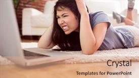  Presentation with living room - Colorful presentation design enhanced with asian angry woman using laptop backdrop and a coral colored foreground