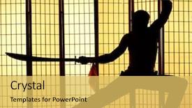  Presentation with sword - PPT theme featuring asian art - deadly japanese assassin wields sword background and a yellow colored foreground