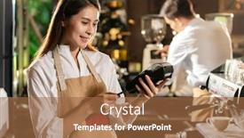  Presentation with credit card - Amazing PPT theme having asian-barista-make-payment backdrop and a coral colored foreground