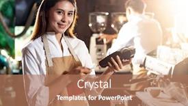  Presentation with cashless - Slide deck with asian-barista-woman-make-payment background and a coral colored foreground