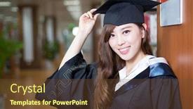  Presentation with academic - Amazing presentation design having asian beautiful female student wearing academic dress in library portrait backdrop and a tawny brown colored foreground