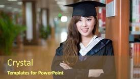  Presentation with academic - Presentation design with asian beautiful female student wearing academic dress in library portrait background and a tawny brown colored foreground