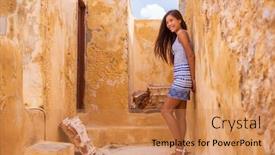  Presentation with santorini - Presentation theme with asian beautiful young woman model posing in oia santorini greece summer europe travel vacation background and a coral colored foreground