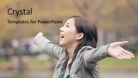  Presentation with asian - Presentation design enhanced with asian beauty open arms and feel free in the city background and a coral colored foreground