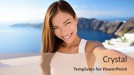  Presentation with beauty makeup - Amazing slide deck having asian beauty selfie woman backdrop and a coral colored foreground