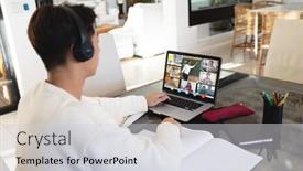  Presentation with education through technology - Slide set with asian-boy-wearing-headphones-studying background and a light gray colored foreground