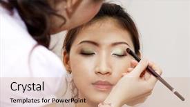  Presentation with cosmetic - PPT theme enhanced with asian bride - woman applying cosmetic with applicator background and a coral colored foreground