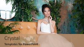  Presentation with white flowers - Amazing PPT theme having asian-bride-with-flowers backdrop and a coral colored foreground