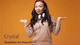 Presentation with asian music - Slides having asian-brunette-woman-headphones background and a coral colored foreground