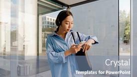  Presentation with bus station - Presentation theme with asian-brunette-woman-in-headphones background and a seafoam green colored foreground