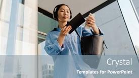  Presentation with bus station - Slide set consisting of asian-brunette-woman-in-headphones background and a seafoam green colored foreground