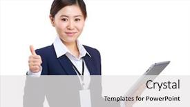  Presentation with abstract digital business interface - Colorful slides enhanced with asian buisness woman hold digital backdrop and a white colored foreground