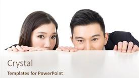  Presentation with hide - PPT theme featuring asian business man and woman hide under the table and looking somewhere background and a sky blue colored foreground