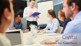  Presentation with speaker - Presentation theme featuring asian-business-man-as-speaker background and a soft green colored foreground