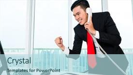  Presentation with business profit - Colorful slide deck enhanced with asian business man telephoning in office controlling profit backdrop and a light blue colored foreground