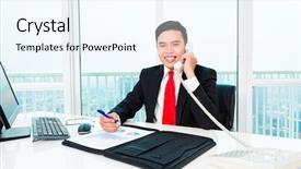  Presentation with business profit - Cool new presentation theme with asian business man telephoning in office controlling profit backdrop and a sky blue colored foreground