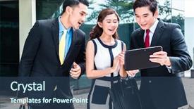  Presentation with working - Colorful presentation design enhanced with asian business woman and men backdrop and a ocean colored foreground