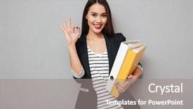  Presentation with asian - Cool new slide deck with asian business woman holding folder backdrop and a gray colored foreground