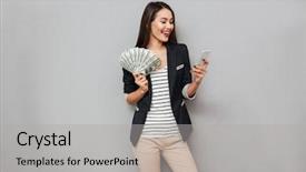  Presentation with asian - Slide set with asian business woman holding money background and a light gray colored foreground