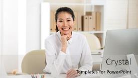  Presentation with camera - Presentation design consisting of asian-business-woman-smiling background and a soft green colored foreground