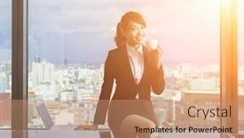  Presentation with hotel business - Presentation design consisting of asian business woman take a break in hotel room background and a coral colored foreground