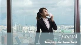  Presentation with business hotel - Cool new PPT theme with asian business woman take a break in hotel room backdrop and a light blue colored foreground