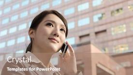  Presentation with office buildings - Beautiful PPT theme featuring asian business woman talking on smartphone with copyspace on office buildings in modern city backdrop and a coral colored foreground