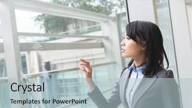  Presentation with touch screen - Presentation theme having asian-business-woman-touch background and a light blue colored foreground