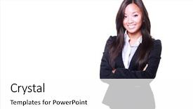  Presentation with black business - Theme enhanced with asian business woman with arms background and a white colored foreground