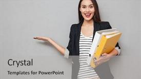 Presentation with asian - Beautiful slide deck featuring asian business woman with folder backdrop and a light gray colored foreground