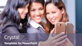  Presentation with business women - Colorful slide deck enhanced with asian business women taking selfie with smart phone backdrop and a gray colored foreground