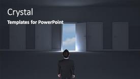  Presentation with show - Slide set with asian businessman against door opening in dark room to show sky background and a dark gray colored foreground