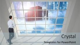  Presentation with server - Audience pleasing presentation theme consisting of asian businessman against server tower seen through window backdrop and a light blue colored foreground
