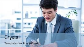  Presentation with asian - Audience pleasing presentation consisting of asian businessman completing a cheque backdrop and a light blue colored foreground