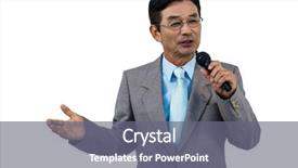  Presentation with microphone - Audience pleasing presentation theme consisting of asian businessman holding microphone on white background backdrop and a gray colored foreground