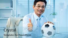  Presentation with soccer - Audience pleasing theme consisting of asian businessman holding soccer ball backdrop and a light blue colored foreground