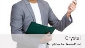  Presentation with asian - Slide set featuring asian businessman holding with clipboard and pen pointing up somehting background and a white colored foreground